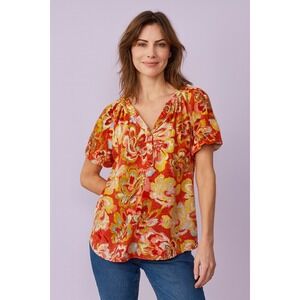 Democracy Women's Floral Print V-Neck Short Sleeve Blouse Top Size PM
